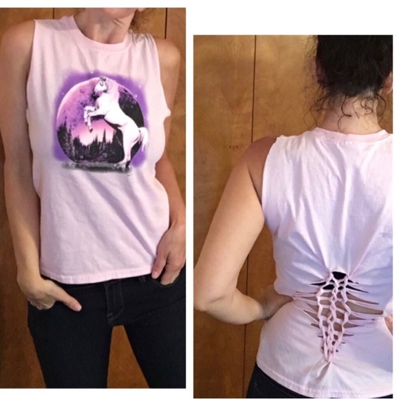 Horse Upcycled tee tank cutout shredded small s pink purple sparkle unicorn - Picture 3 of 7
